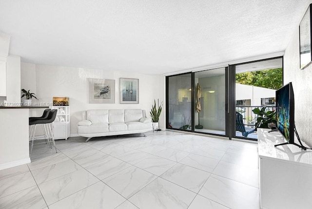 living room with a wall of windows and a textured ceiling