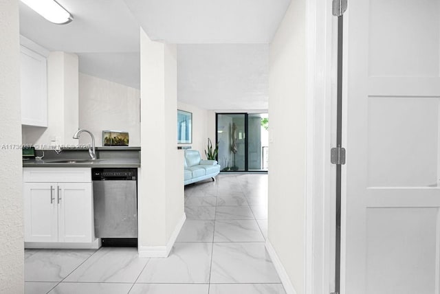 kitchen featuring sink, stainless steel dishwasher, and white cabinets