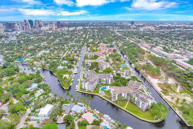 birds eye view of property featuring a water view