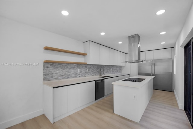 kitchen with a kitchen island, modern cabinets, island exhaust hood, white cabinetry, and open shelves