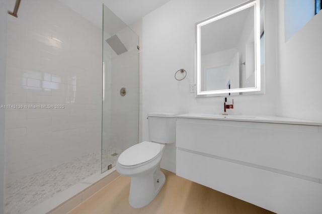 full bathroom with vanity, a tile shower, and toilet