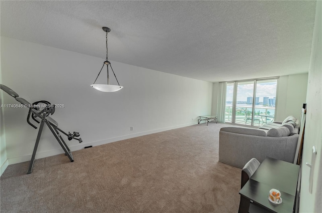 carpeted living room with expansive windows and a textured ceiling