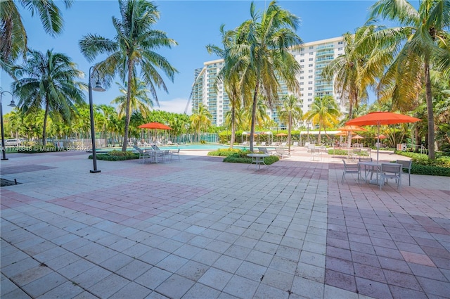 view of community with a pool and a patio area