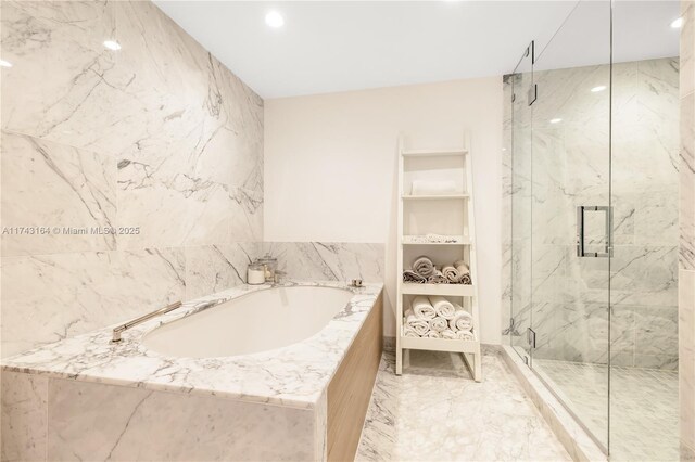 1135 103rd St Unit 602, Bay Harbor Islands, FL 33154 - bathroom with a marble finish shower, a bath, recessed lighting, and marble finish floors