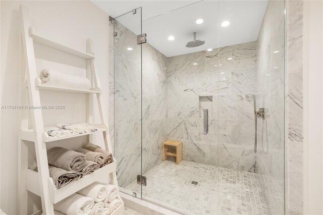 1135 103rd St Unit 602, Bay Harbor Islands, FL 33154 - bathroom featuring a marble finish shower and recessed lighting