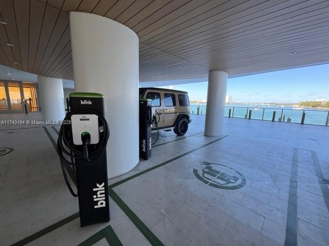 garage featuring a water view