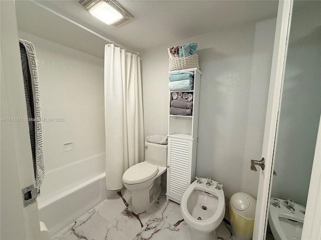 bathroom with a bidet, toilet, and shower / tub combo