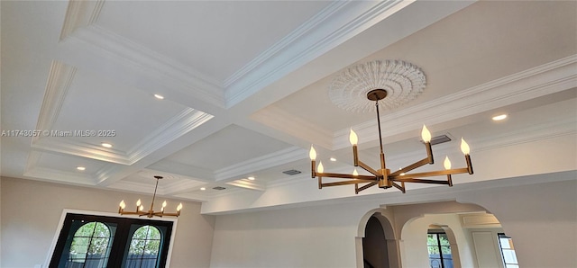 details featuring visible vents, a chandelier, beam ceiling, recessed lighting, and coffered ceiling