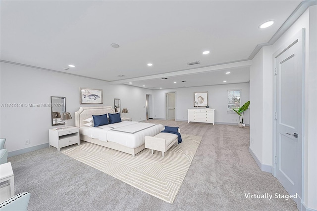 carpeted bedroom featuring crown molding