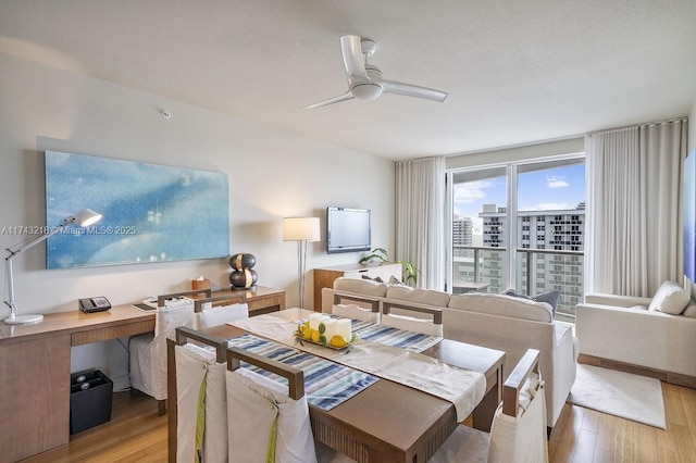 dining area with light hardwood / wood-style flooring and ceiling fan