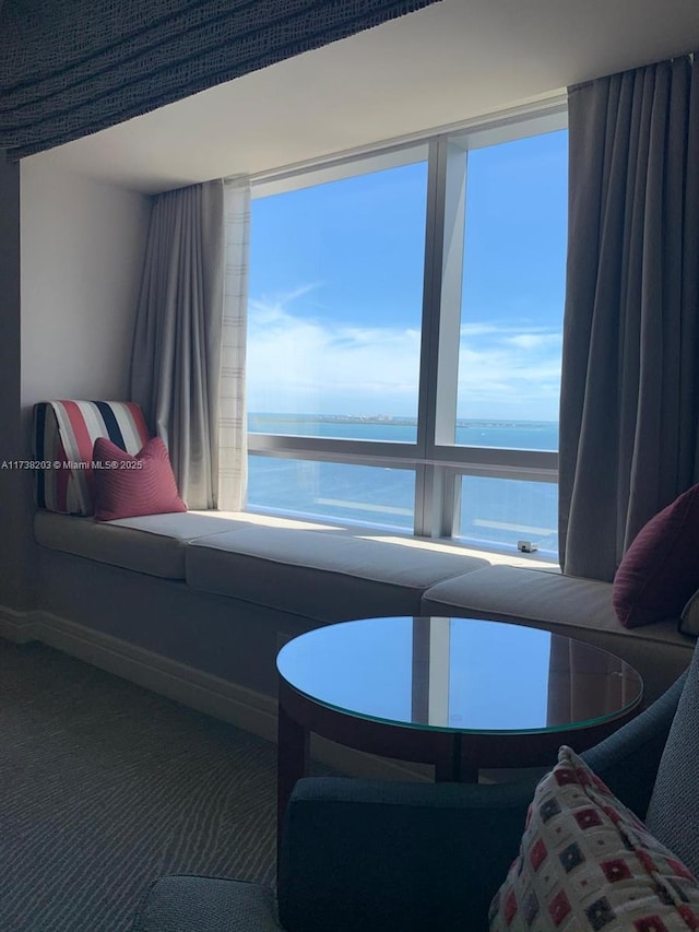 carpeted bedroom with multiple windows and a water view