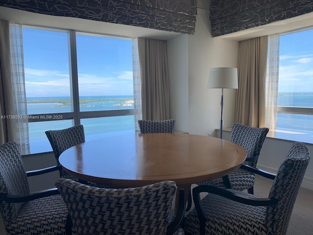 dining room with a water view