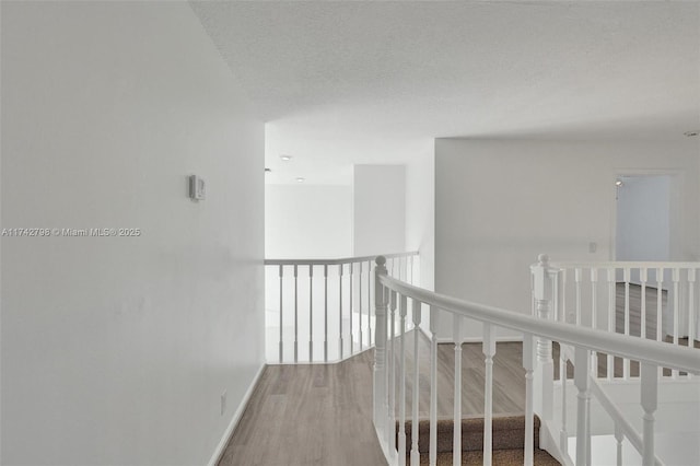 hallway with hardwood / wood-style floors and a textured ceiling