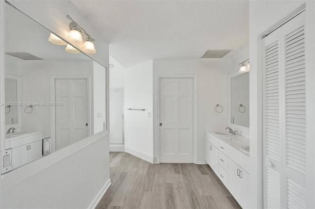 bathroom with vanity and wood-type flooring