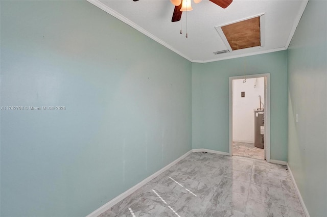 empty room with ceiling fan, ornamental molding, and electric water heater