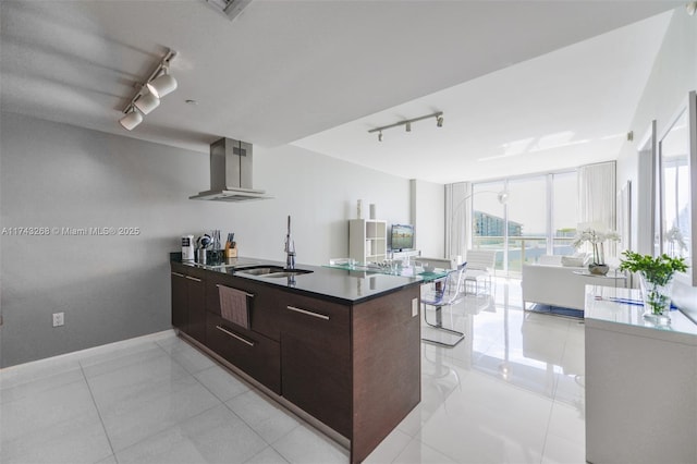 kitchen with sink, dark brown cabinets, expansive windows, an island with sink, and exhaust hood