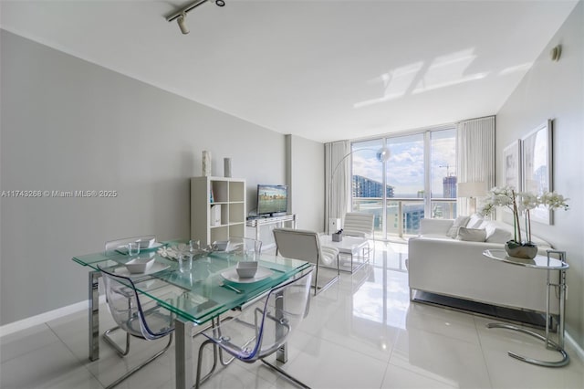 tiled dining room with rail lighting and floor to ceiling windows