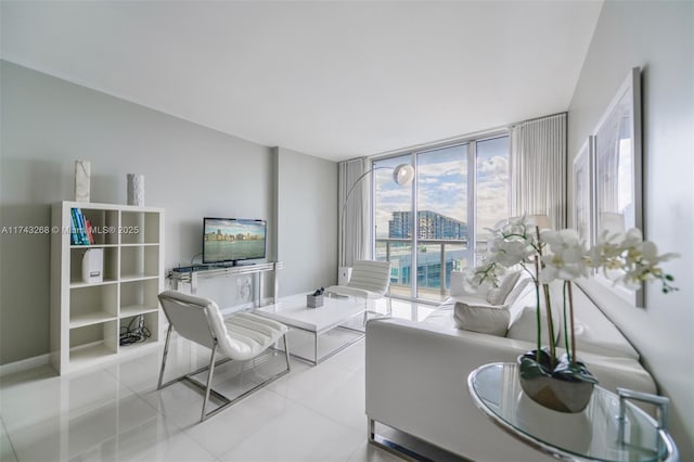 tiled living room with expansive windows