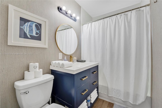 bathroom with wood finished floors, vanity, and toilet