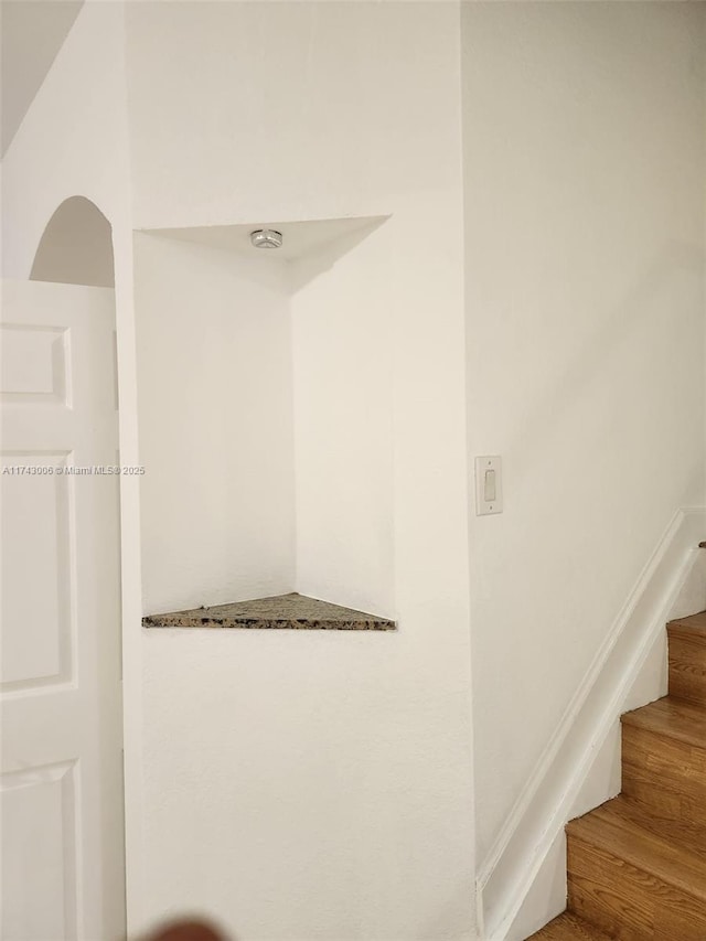 bathroom with hardwood / wood-style floors