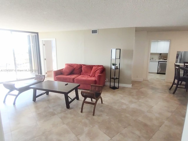 living room featuring a textured ceiling