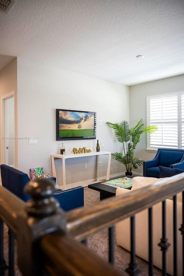 living room featuring a textured ceiling