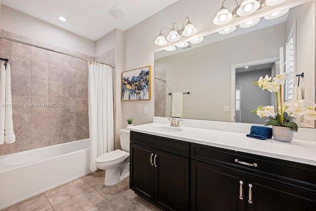 full bathroom with vanity, shower / tub combo, tile patterned floors, and toilet