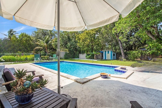 pool featuring a yard, a patio area, a storage shed, and an outdoor structure