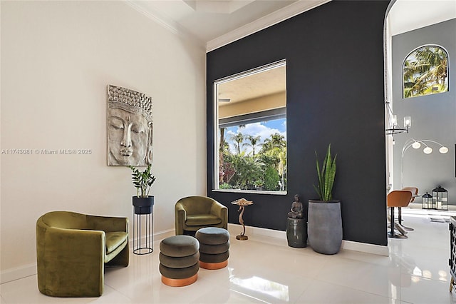 living area with ornamental molding and tile patterned flooring