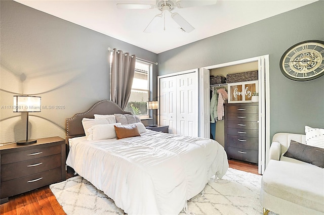 bedroom featuring multiple closets, ceiling fan, and hardwood / wood-style floors