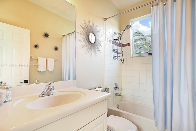 full bathroom with vanity, shower / bathtub combination with curtain, and toilet