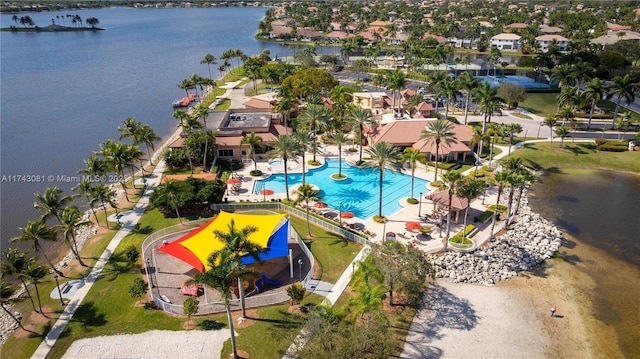 drone / aerial view featuring a water view