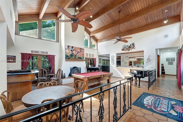 dining room featuring beam ceiling, high vaulted ceiling, wooden ceiling, and ceiling fan