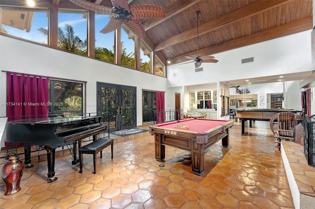 rec room featuring lofted ceiling with beams, pool table, ceiling fan, wooden ceiling, and french doors