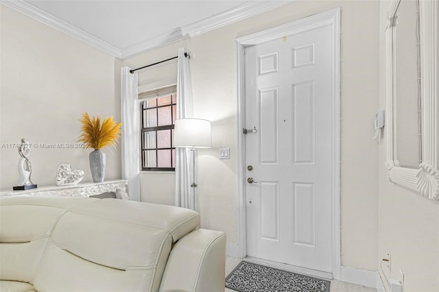 interior space with crown molding and light tile patterned flooring