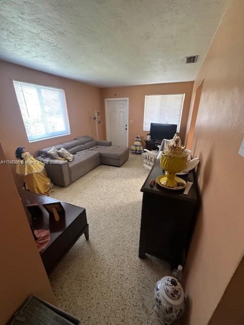 carpeted living room featuring a textured ceiling