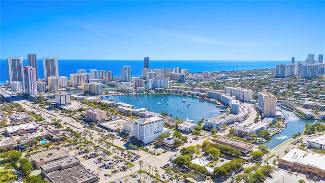 drone / aerial view with a water view