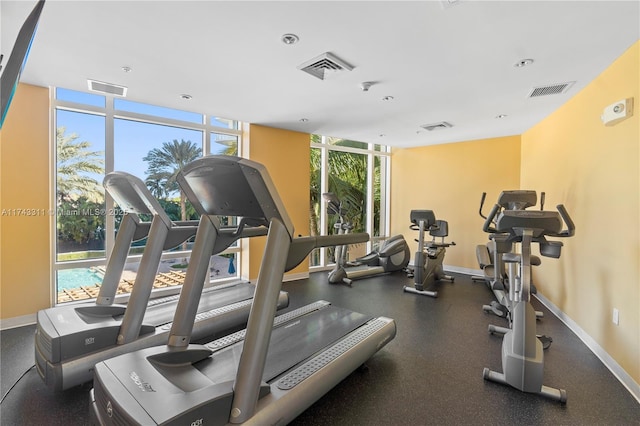 gym with floor to ceiling windows