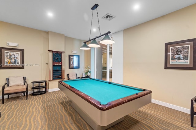 playroom featuring pool table and dark carpet