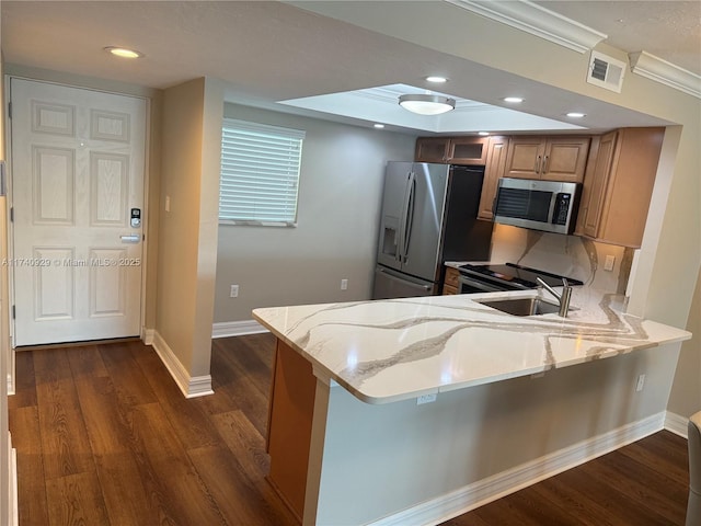 kitchen with sink, light stone counters, appliances with stainless steel finishes, dark hardwood / wood-style flooring, and kitchen peninsula