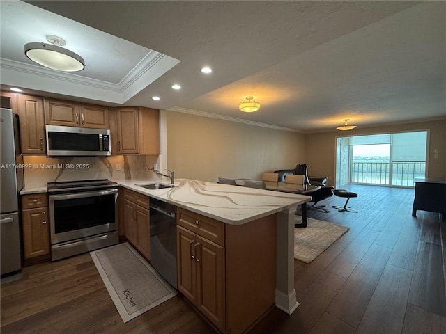 kitchen with dark hardwood / wood-style floors, sink, kitchen peninsula, stainless steel appliances, and crown molding