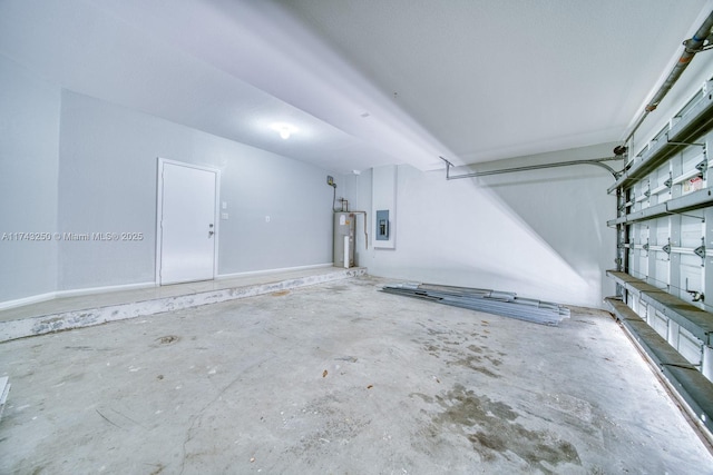 garage with electric panel and electric water heater