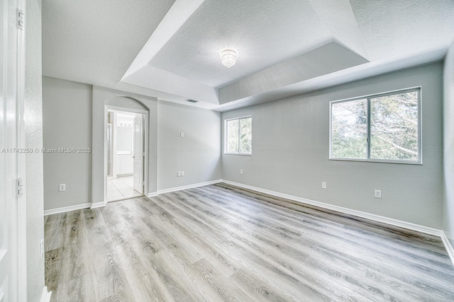 spare room with a raised ceiling, a textured ceiling, and light wood-type flooring