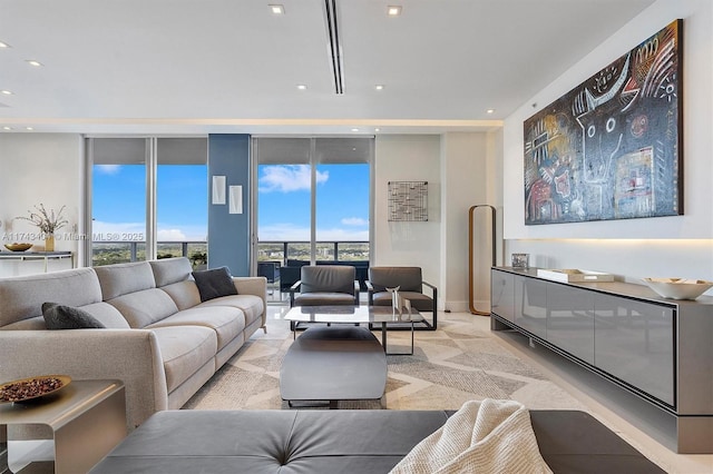 living room featuring light colored carpet and floor to ceiling windows