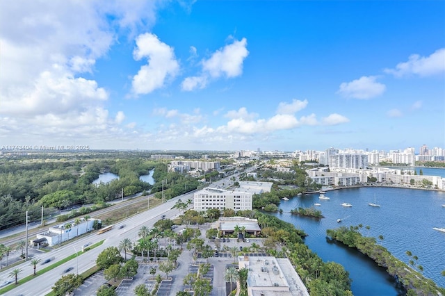 bird's eye view with a water view