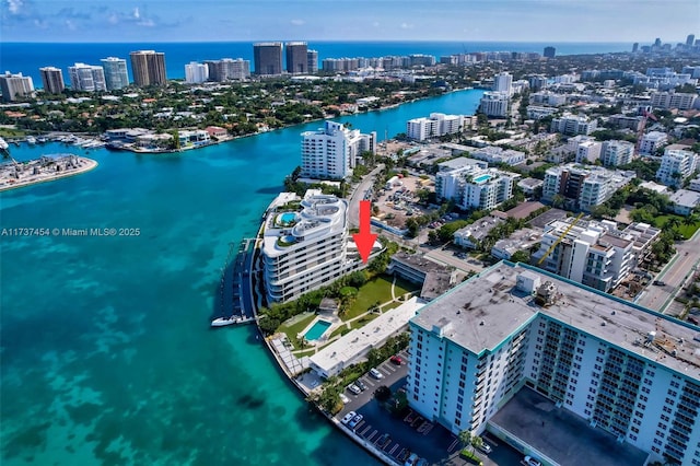 drone / aerial view featuring a water view