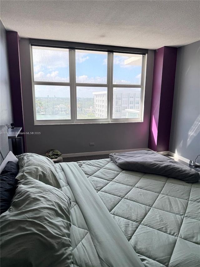 bedroom with multiple windows and a textured ceiling