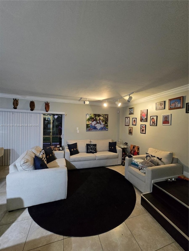 tiled living room with ornamental molding