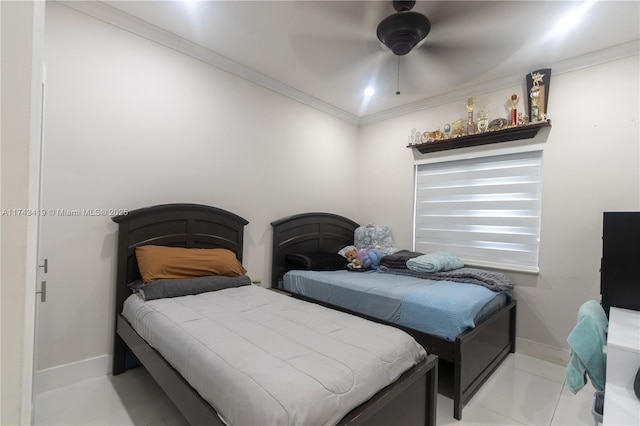 bedroom with light tile patterned floors, crown molding, and ceiling fan