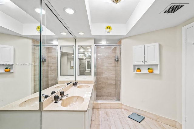 bathroom featuring vanity and a shower with door